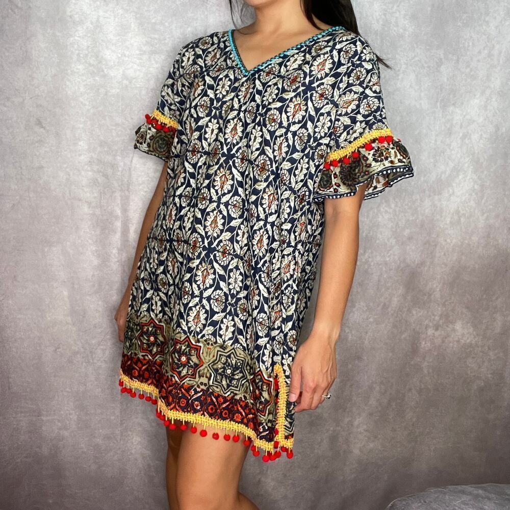 Vintage Boho Batik Pom Pom Mini Dress Womens Small S/M Blue Tunic Floral Retro